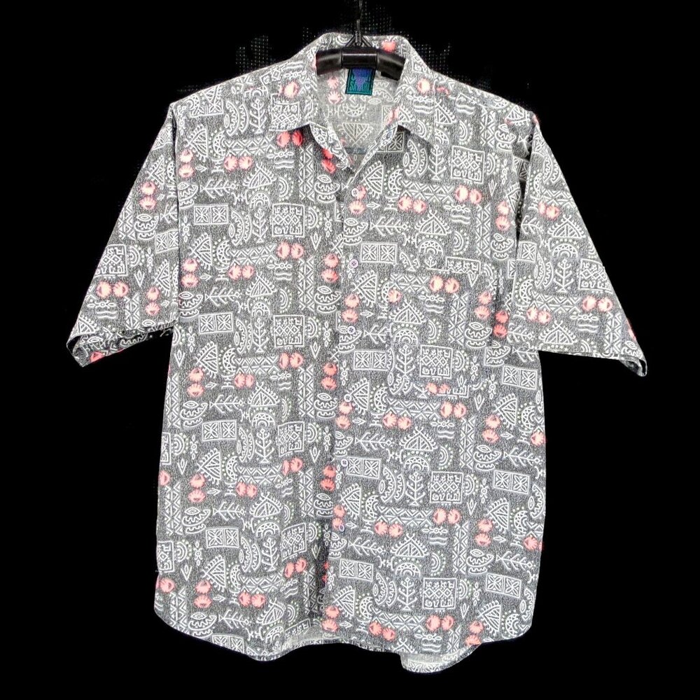 Vintage Shah Safari Gray Pink Hieroglyphs Button Shirt XL 80s Short Sleeve